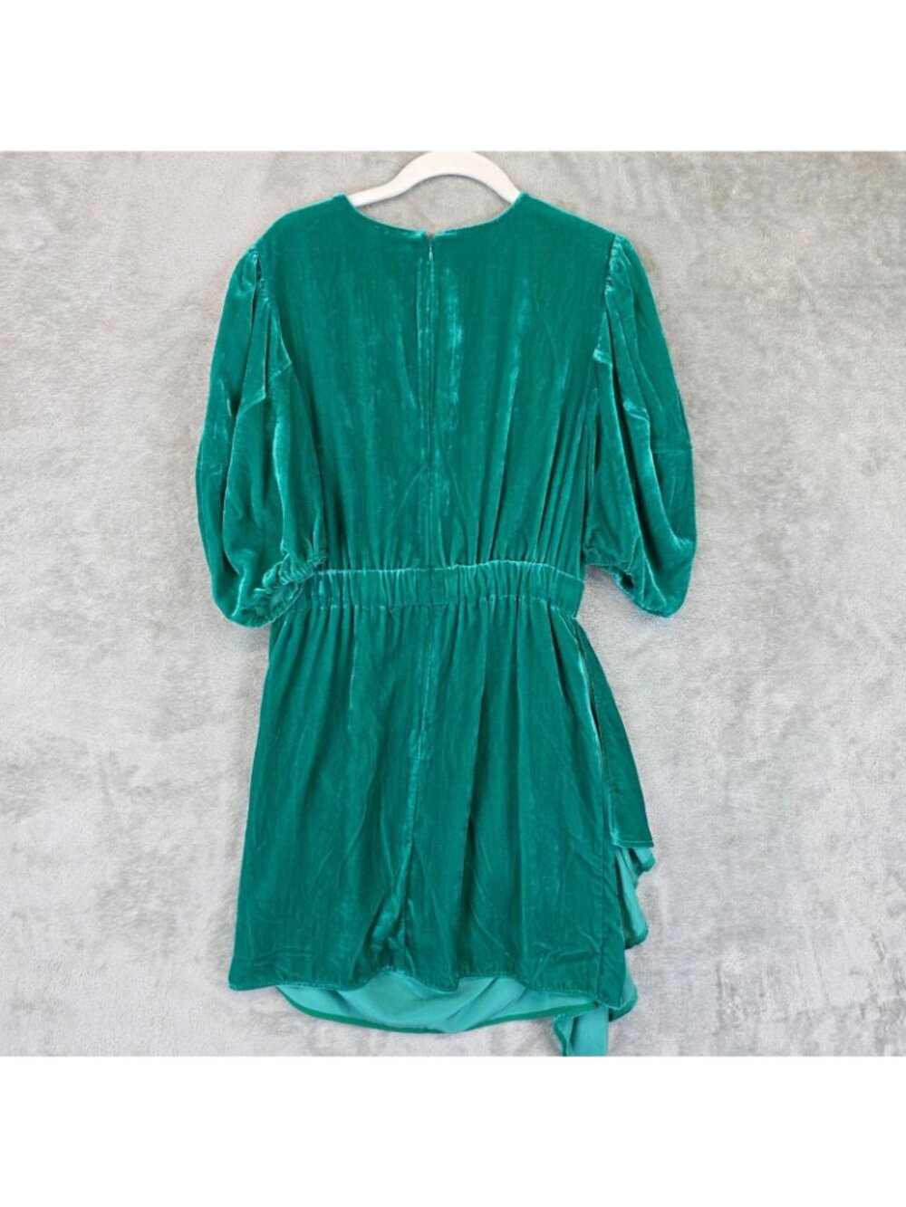 Rhode Dress Womens 8 Green Velvet Ruched Puff Sleeve Ruffle Hem Mini Party - Picture 2 of 10